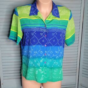 Tan Jay Button Down Shirt Blouse ~ Sz 14 ~ Green & Blue ~ Short Sleeve